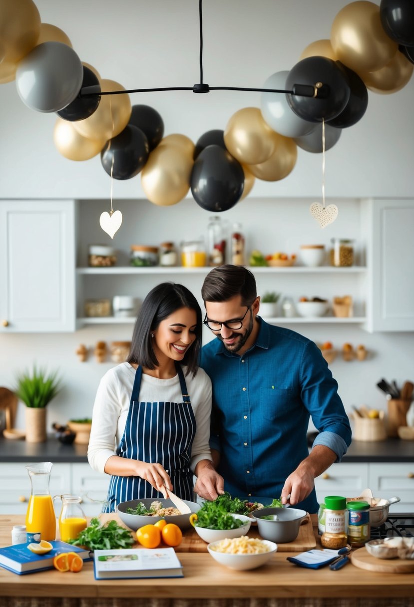 A couple cooking together, surrounded by themed ingredients and recipe books, with anniversary decorations in the background