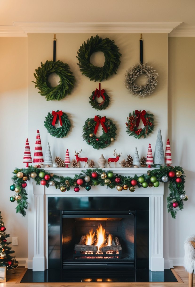 A fireplace adorned with seasonal wreaths in various sizes and colors, adding a festive touch to the room