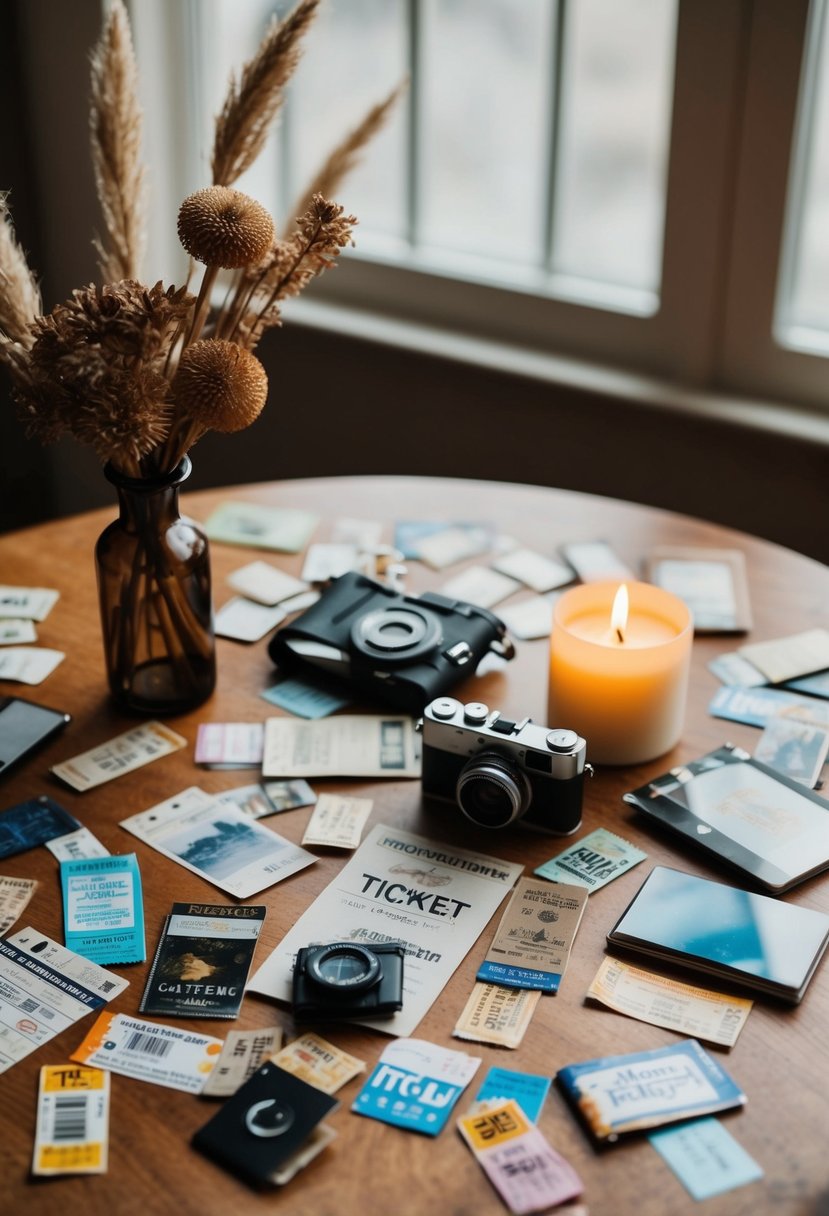 A table scattered with ticket stubs, photos, and souvenirs from travels together. A vase of dried flowers and a candle add a romantic touch