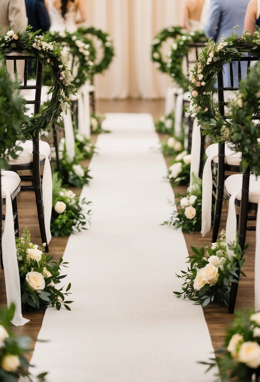 Wedding wreaths hang from each aisle chair, adorned with flowers and greenery, creating a charming and romantic pathway for the bride and groom