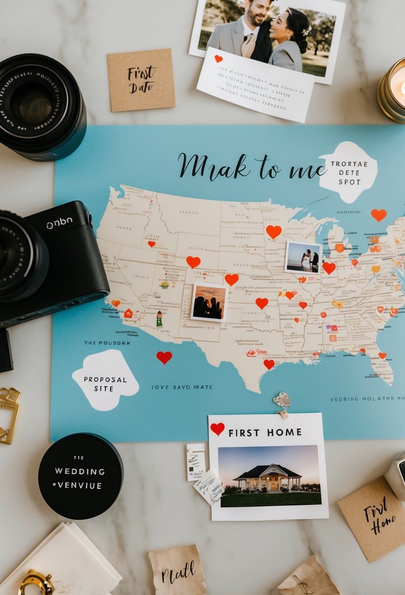 A map with marked locations: first date spot, proposal site, wedding venue, and first home. Scattered items include love notes, photos, and mementos