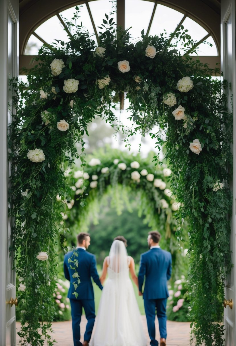 A lush greenery wedding wreath adorns the entrance, with cascading vines and delicate foliage creating a romantic and inviting atmosphere