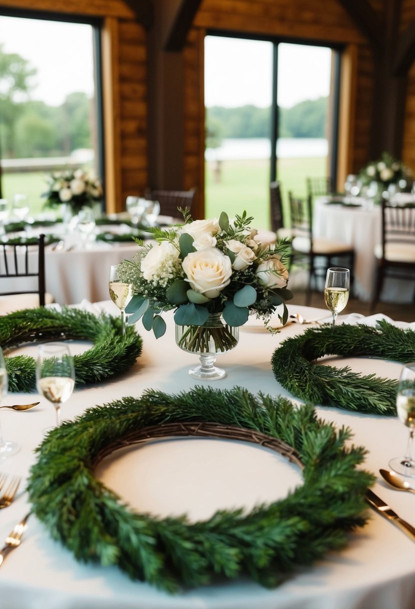 Wreaths of various sizes and designs adorn reception tables, adding a touch of elegance and romance to the wedding decor