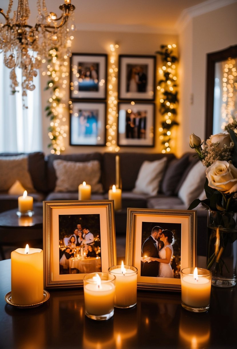 The living room is adorned with flickering candles and framed photos, creating a warm and romantic ambiance for a 4th wedding anniversary celebration