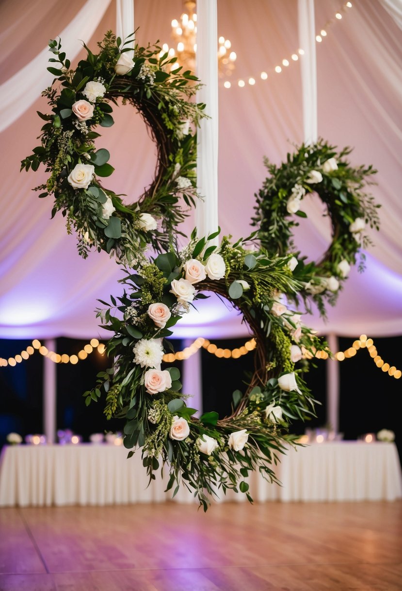 Wreaths hang above a dance floor, adorned with flowers and greenery, creating a romantic and festive atmosphere for a wedding celebration