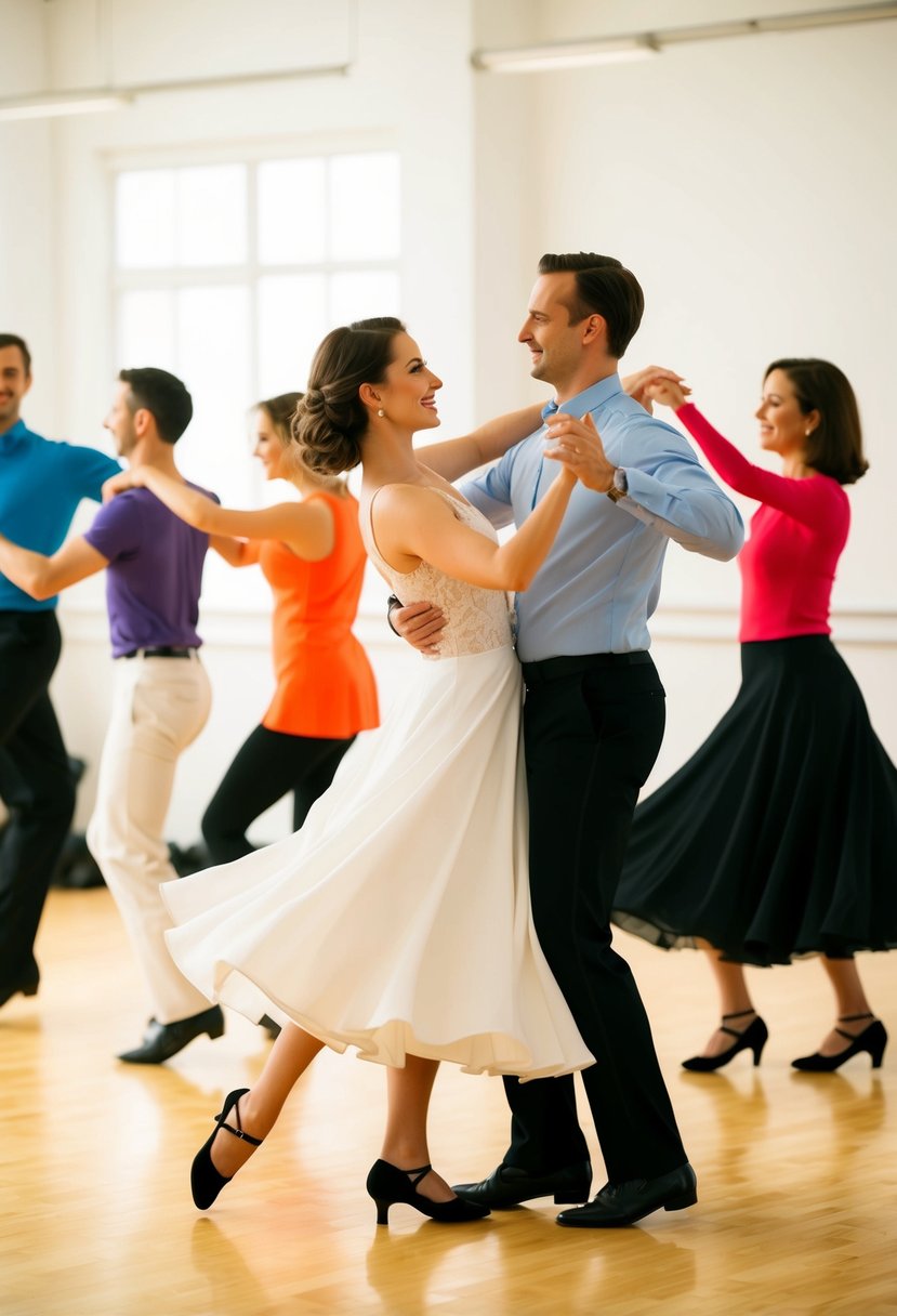 A couple gracefully twirls across the dance floor, surrounded by other couples learning new steps in a brightly lit studio