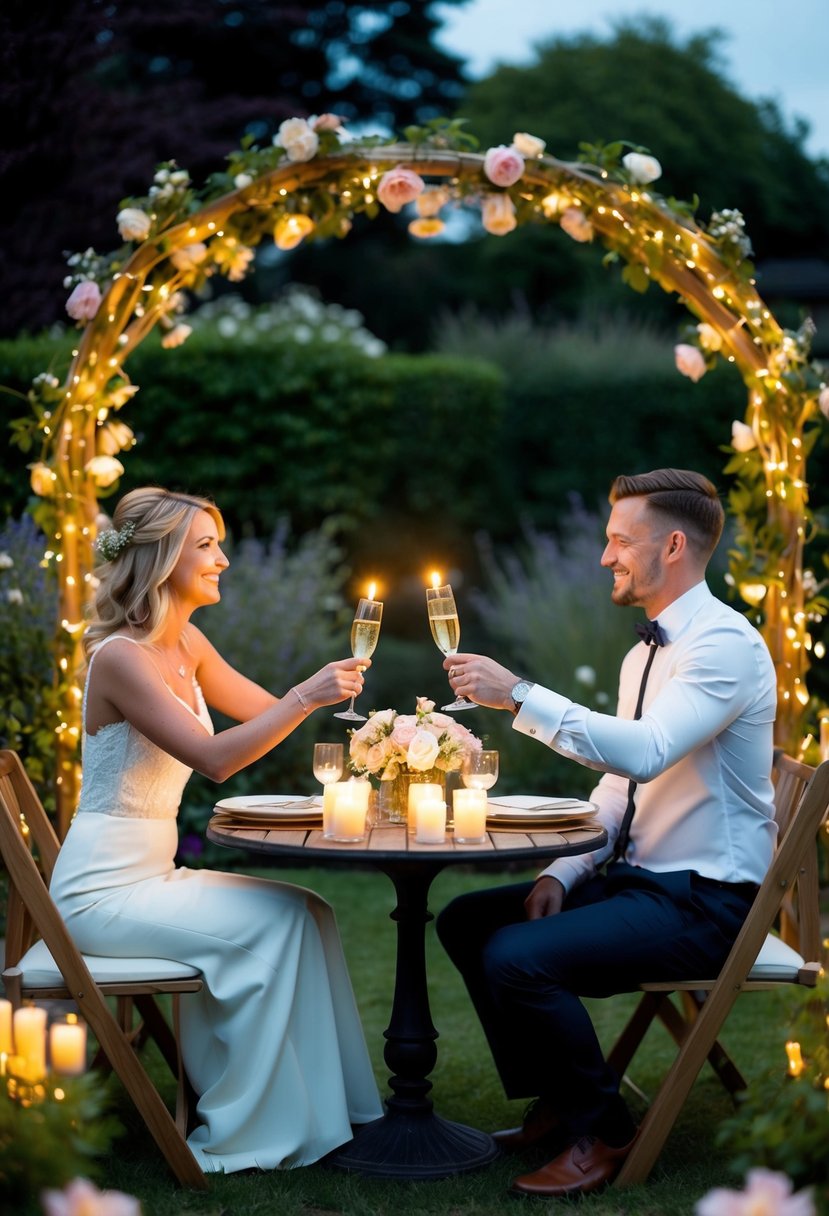 A couple sitting at a candlelit table in a garden, surrounded by fairy lights and flowers, toasting their 10th wedding anniversary with champagne