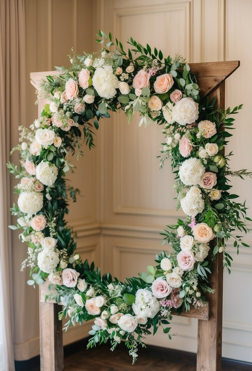 A rustic wooden photo booth adorned with lush floral wreaths in soft pastel colors, creating a romantic and elegant backdrop for wedding festivities