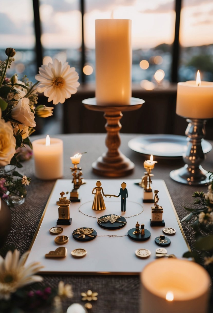 A couple's journey depicted through symbolic objects arranged on a table, surrounded by soft candlelight and flowers