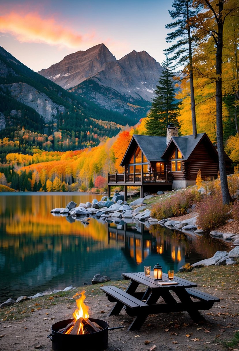 A cozy cabin nestled in the mountains, surrounded by colorful autumn foliage and a serene lake, with a crackling fire pit and a picnic table set for two