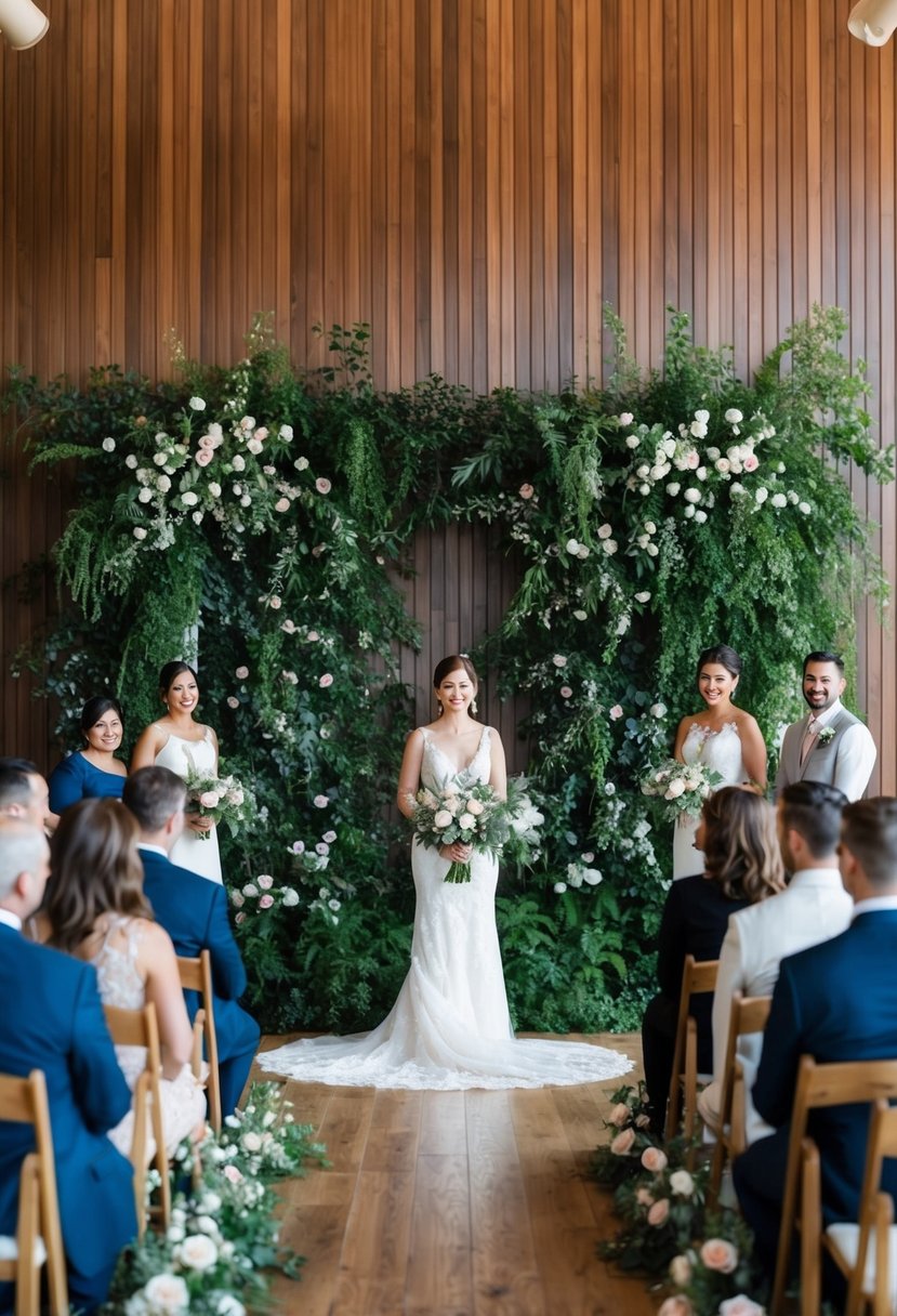 A large wooden wall adorned with lush greenery and delicate flowers, creating a stunning backdrop for guest photos at a wedding