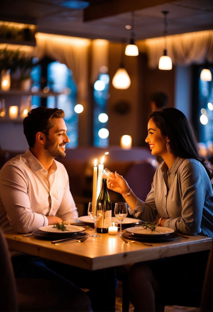 A couple sits at a candlelit table in a cozy restaurant, surrounded by soft lighting and romantic decor. They share a bottle of wine and exchange loving glances