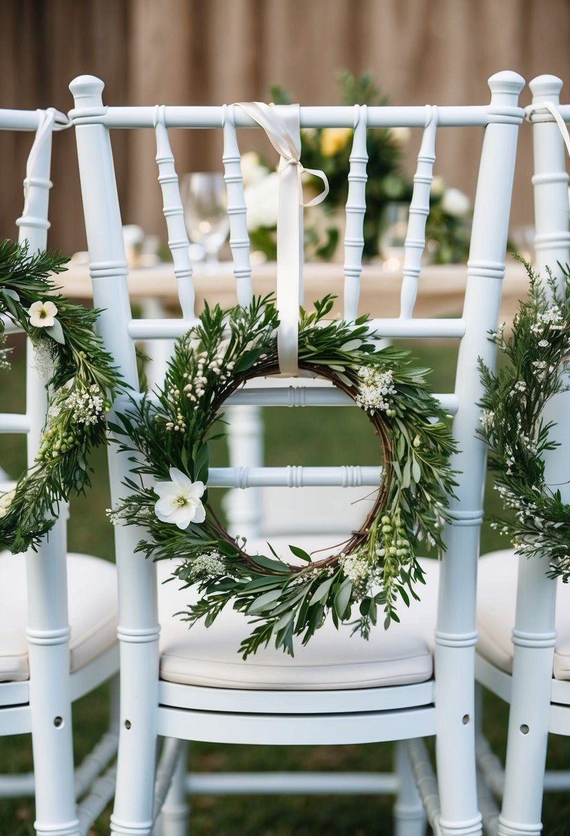 Mini wreaths hang from the backs of white wedding chairs, adorned with delicate flowers and greenery