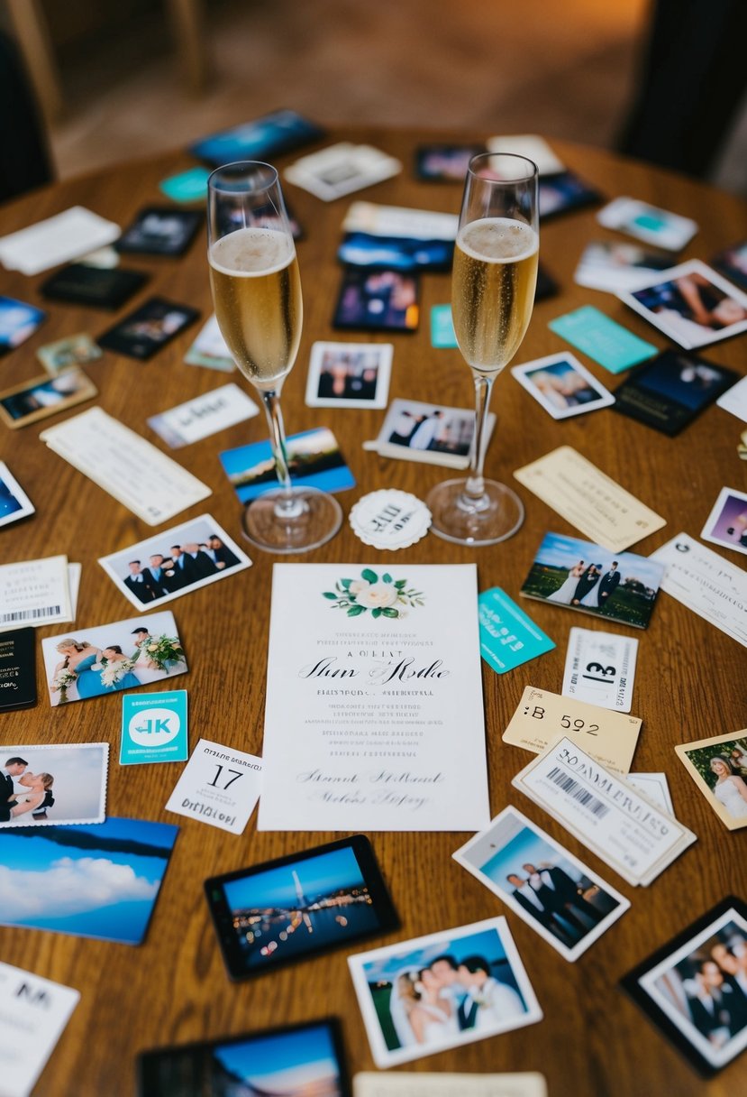 A table scattered with photos, tickets, and mementos. A pair of champagne glasses and a wedding invitation lie at the center