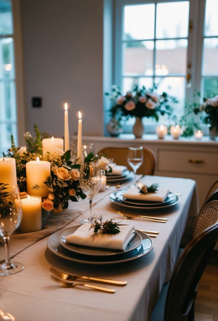 A cozy dining table set with candles, flowers, and elegant dinnerware, creating a romantic ambiance for a 10th wedding anniversary celebration at home