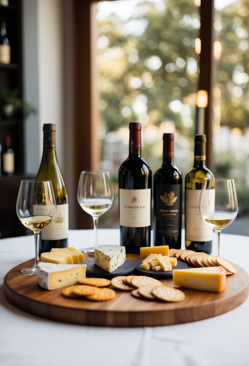 A table set with an assortment of fine cheeses, crackers, and a selection of wine bottles, accompanied by elegant wine glasses and decorative accents