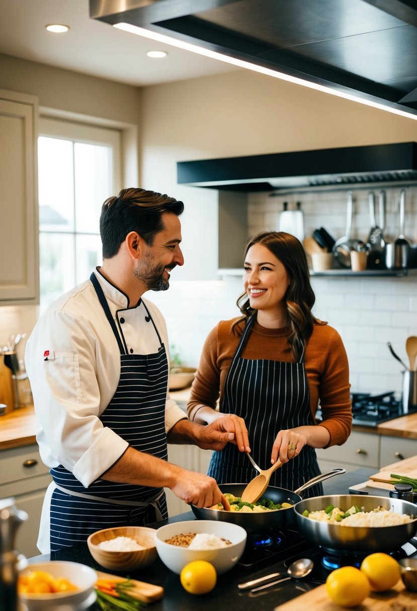 A couple in a cozy kitchen, learning to cook together with a chef's guidance. Ingredients and utensils scattered on the counter