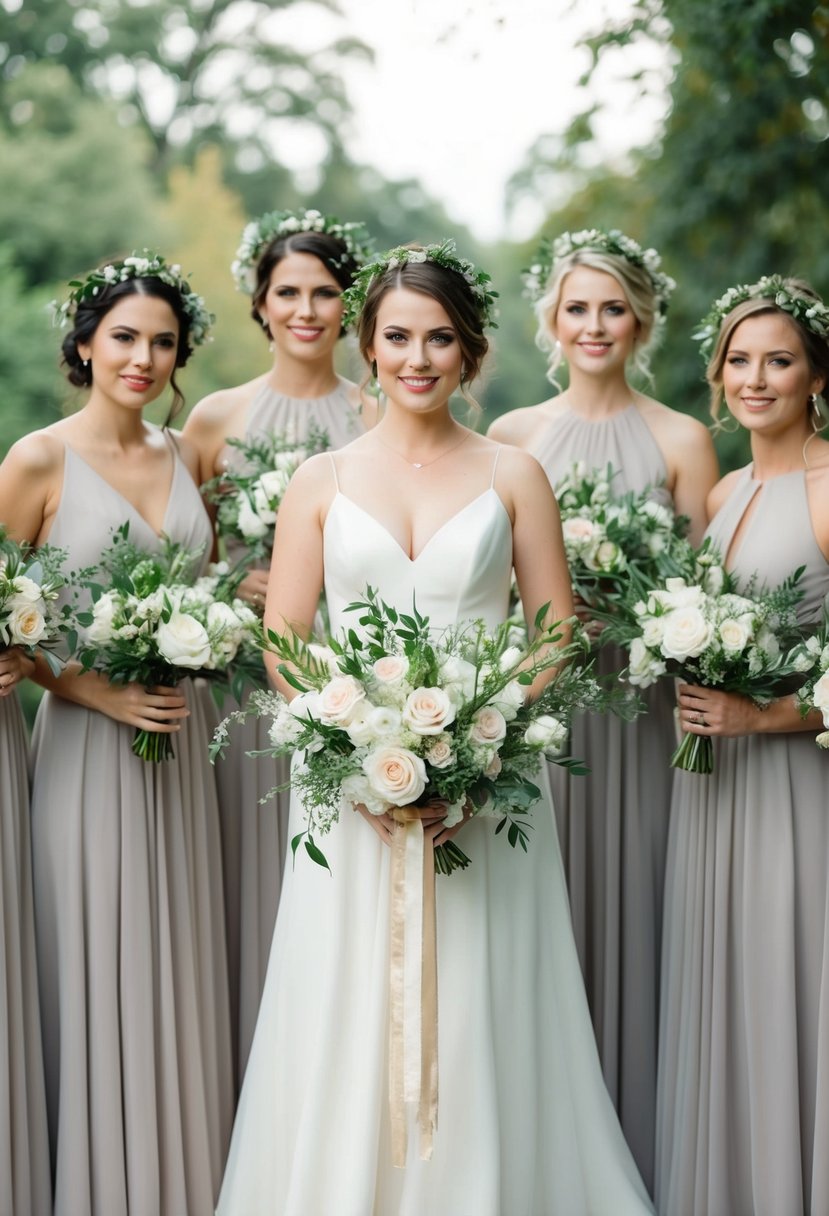 Bridal party attire adorned with elegant wreaths of delicate flowers and foliage