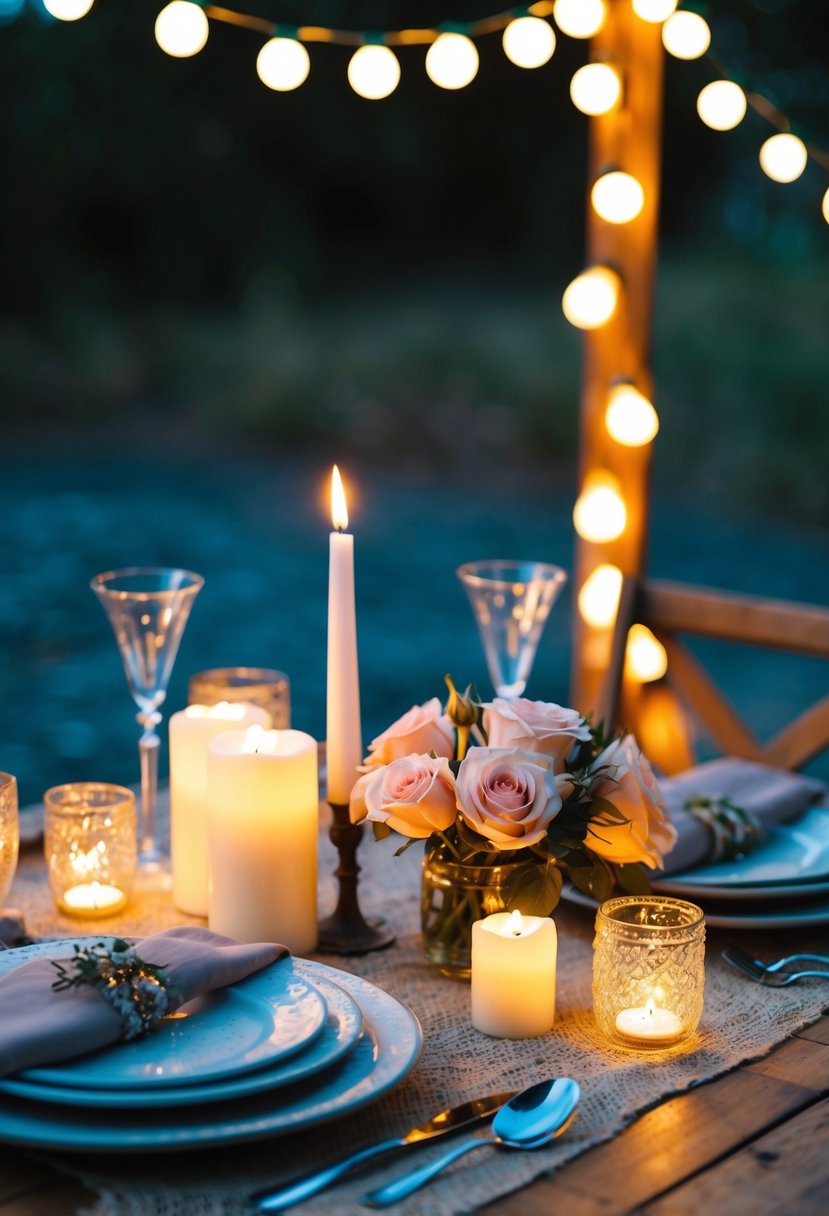 A cozy candlelit dinner for two in a rustic outdoor setting, with fairy lights and a bouquet of roses on the table