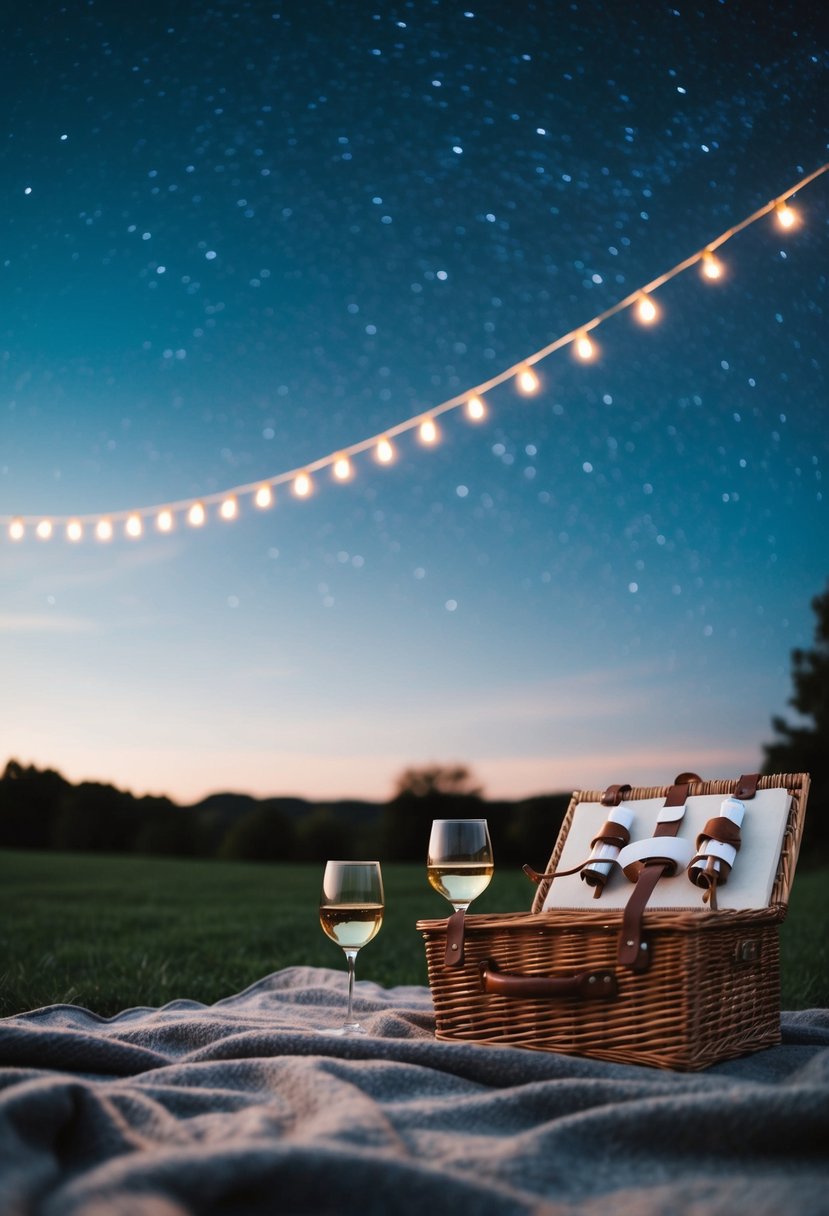 A cozy blanket spread under a starry sky, with a picnic basket and wine glasses