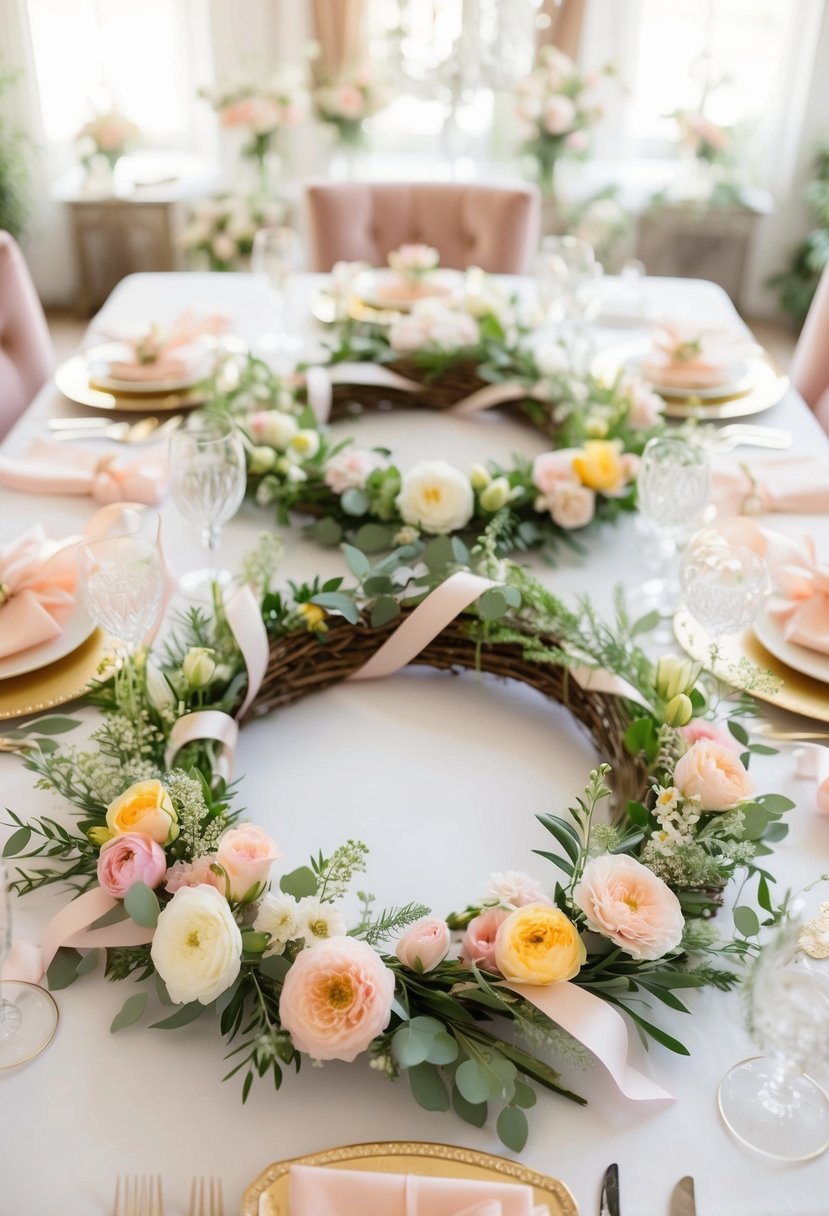 A table adorned with elegant floral wreaths in pastel colors, accented with delicate ribbons and greenery, creating a romantic and festive atmosphere for a bridal shower