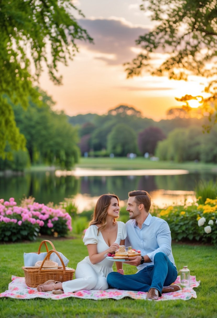 A couple enjoying a romantic picnic in a lush park, surrounded by blooming flowers and a serene lake, with a beautiful sunset in the background