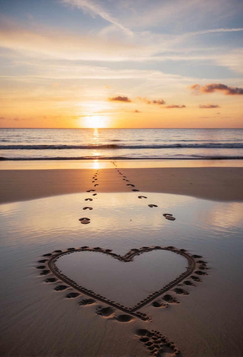 A serene beach at sunset, with two sets of footprints leading towards a heart drawn in the sand