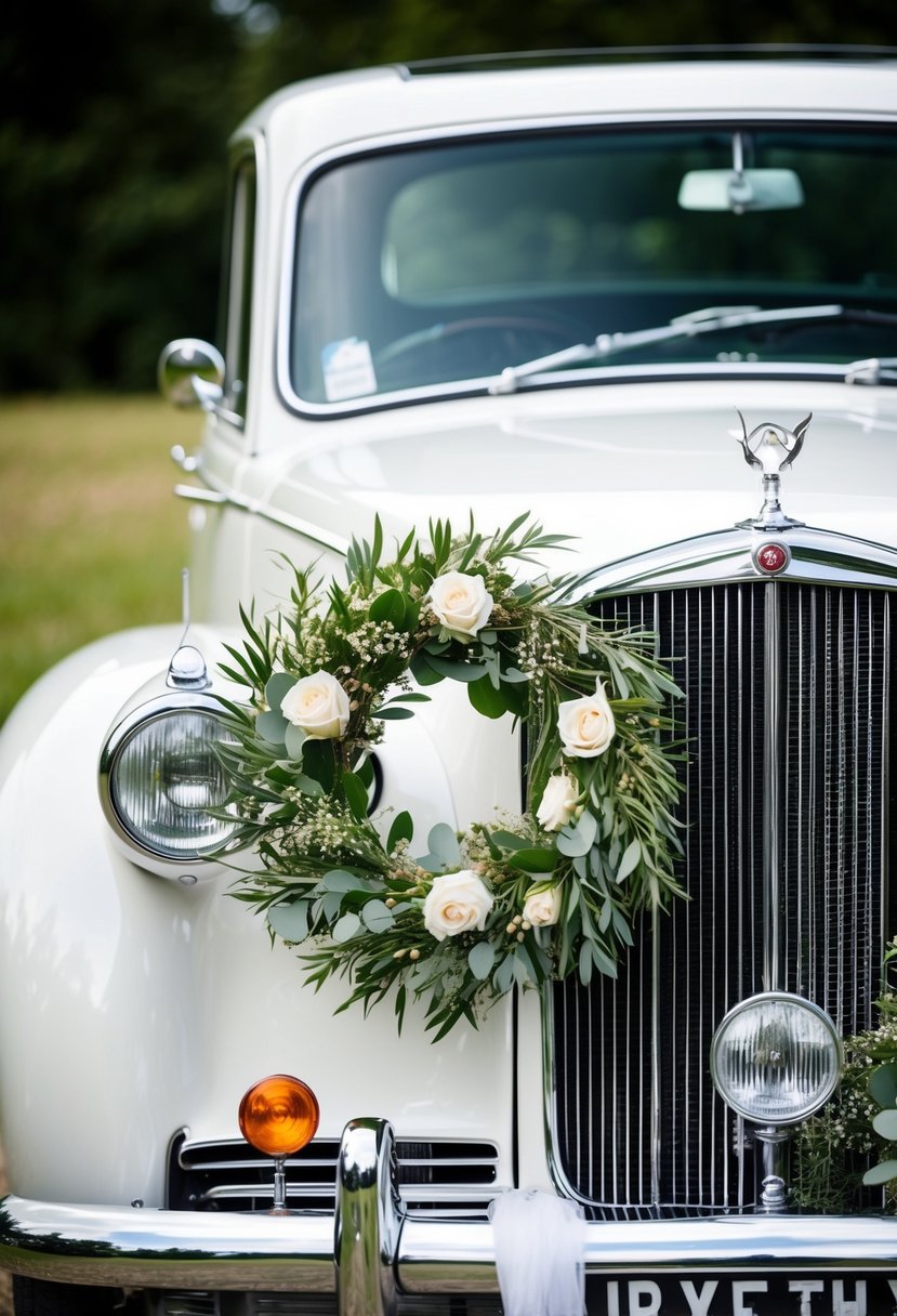 A classic white wedding car with a wreath hanging from the front grille, adorned with flowers and greenery, ready for the newlyweds' getaway