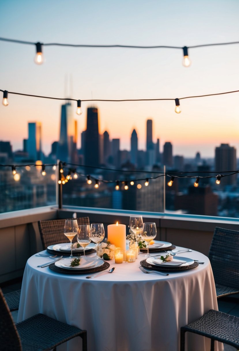 A romantic rooftop dinner with candles, string lights, and a view of the city skyline