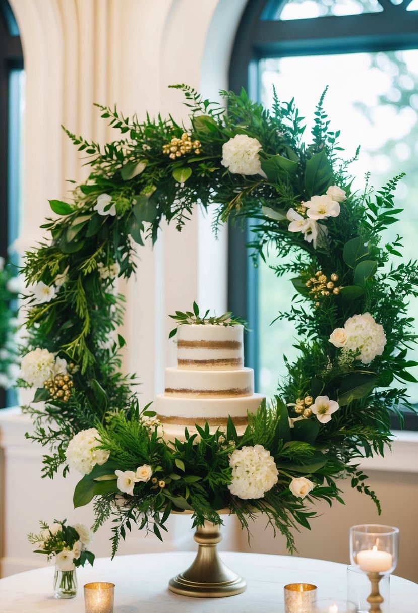 A lush greenery wreath with delicate white flowers and hints of gold accents adorns the wedding cake table