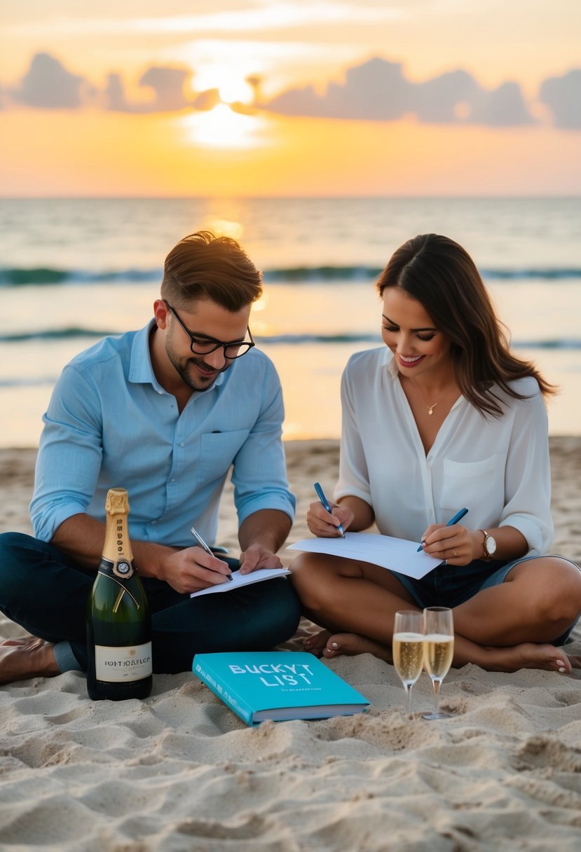 A couple sitting on a beach at sunset, writing down ideas on a piece of paper, surrounded by a bottle of champagne and a bucket list book