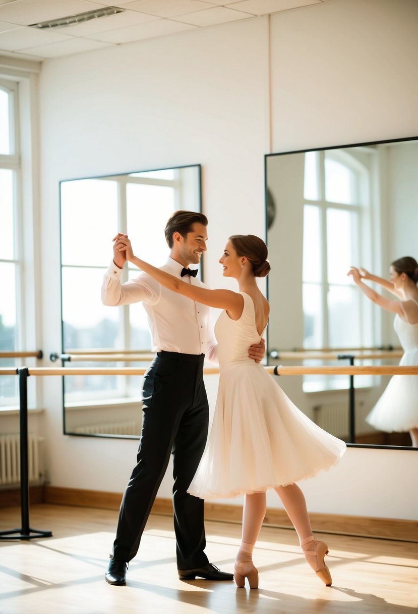 A couple gracefully waltzing in a sunlit studio, surrounded by mirrors and ballet barres, as their dance instructor guides them through elegant movements