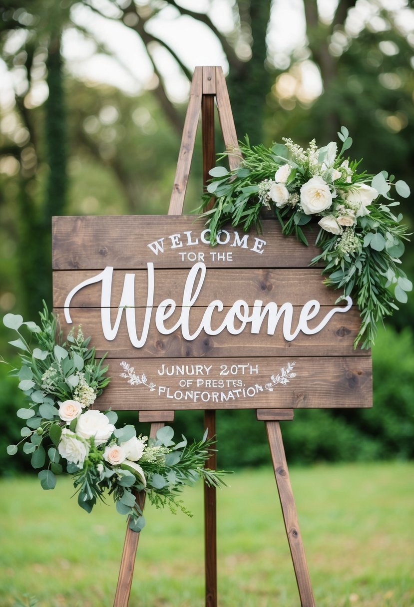 A rustic wooden welcome sign adorned with lush greenery and delicate floral wreaths, creating a romantic and inviting atmosphere for a wedding celebration