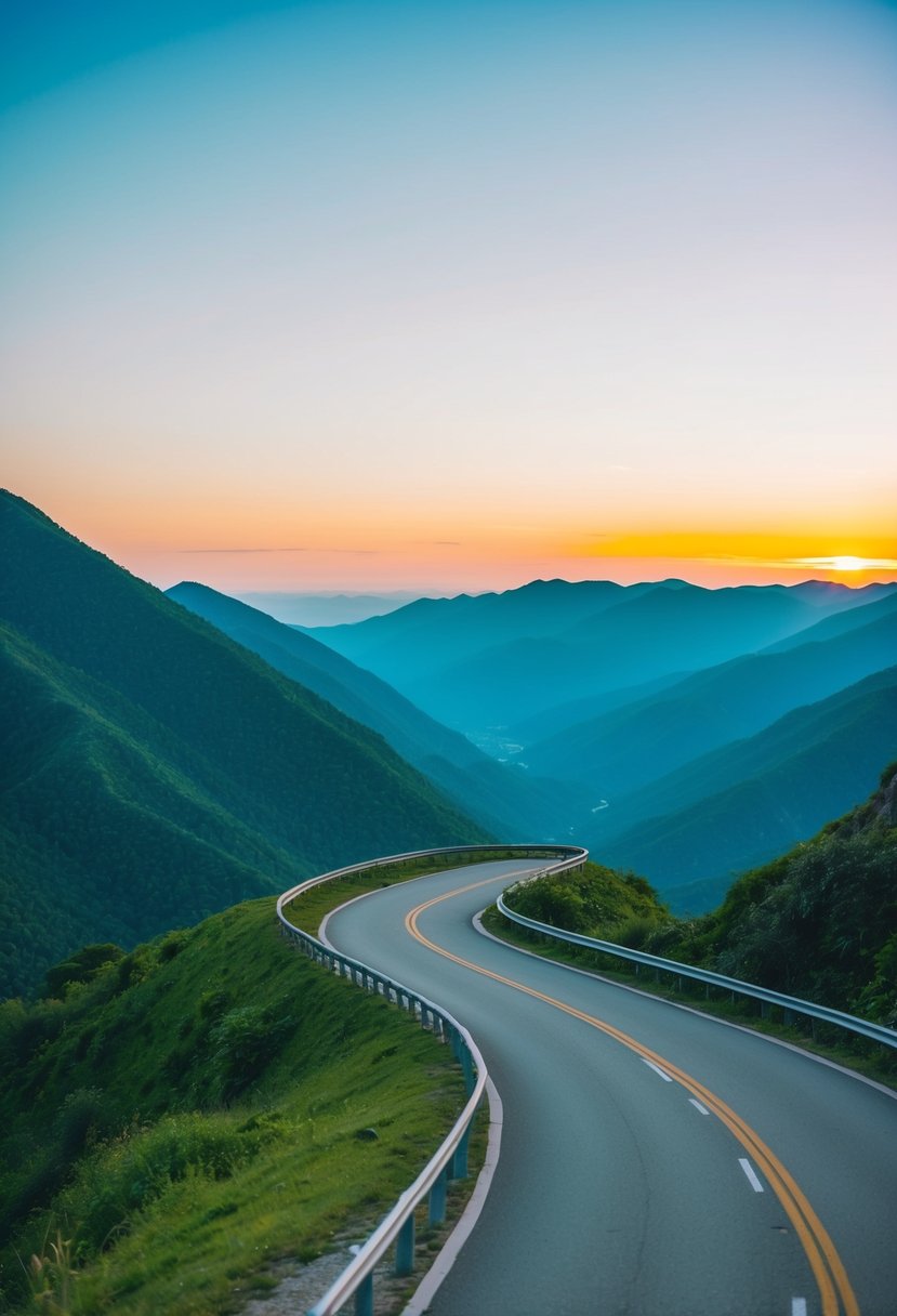 A winding road through lush mountains, with a clear blue sky and a colorful sunset on the horizon