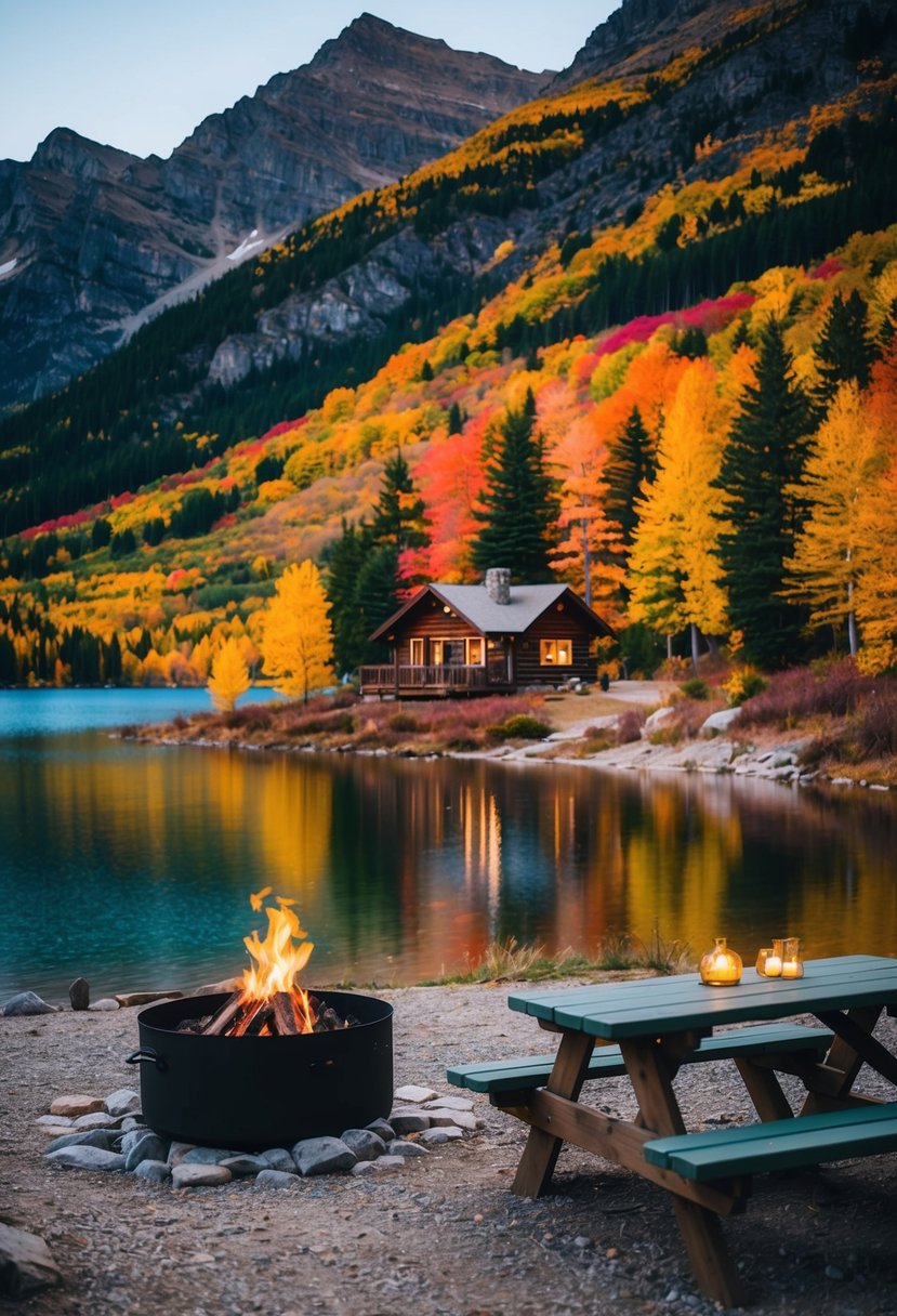 A cozy cabin nestled in the mountains, surrounded by colorful autumn foliage and a serene lake, with a crackling fire pit and a picnic table set for two