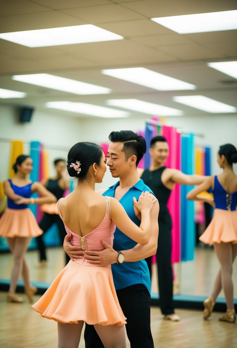 A couple twirls in a dance studio, surrounded by mirrors and colorful dance props. The instructor guides them through graceful movements