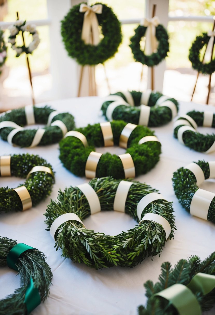 A table adorned with various wedding wreaths in different sizes and styles, each wrapped in elegant ribbon and ready to be given as party gifts