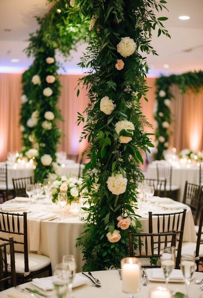 Lush greenery and delicate flowers drape over elegant banquet tables, creating a romantic and festive atmosphere for a wedding celebration