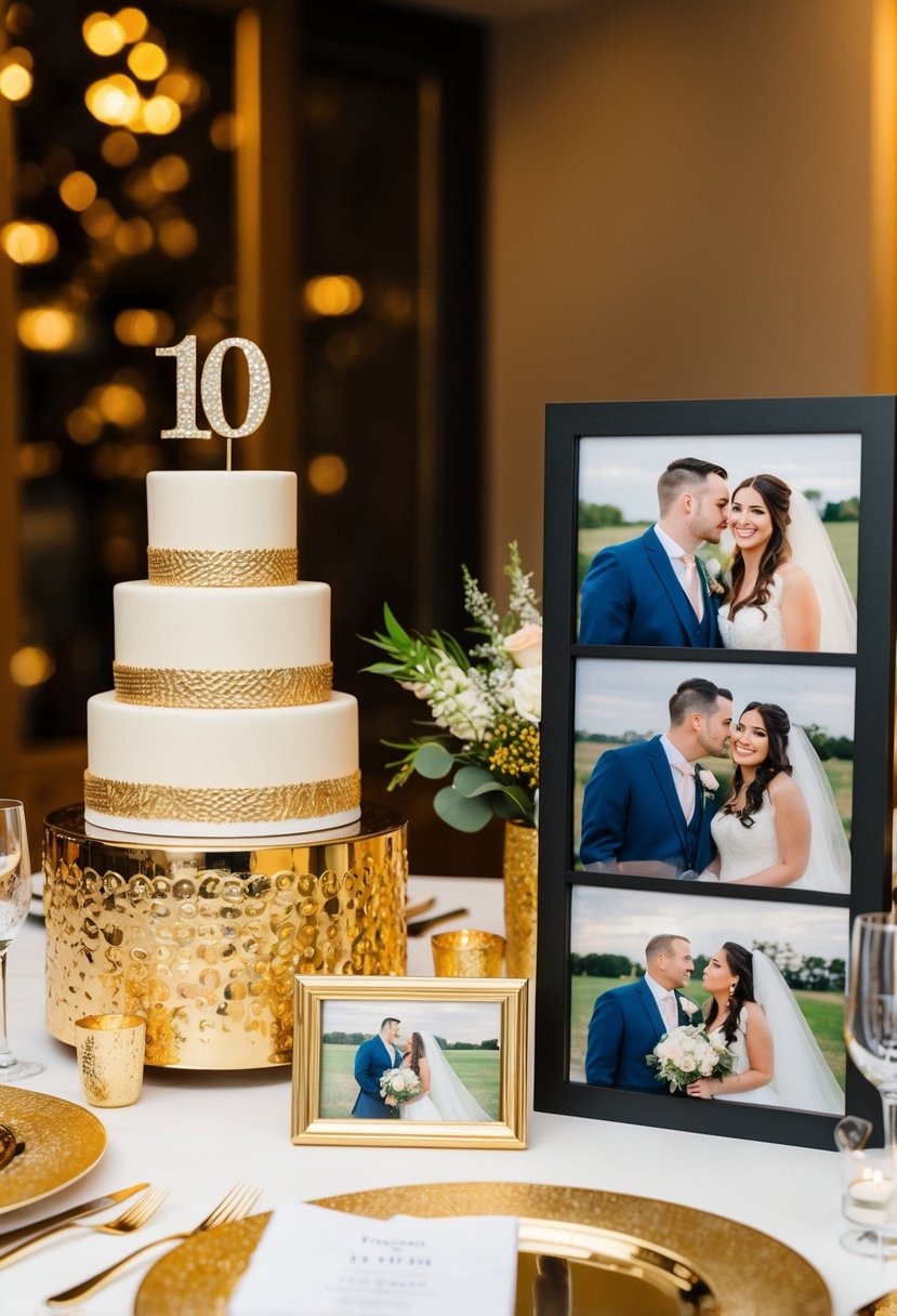 A festive table with gold accents, a tiered cake with "10" toppers, and a photo display of the couple's wedding day