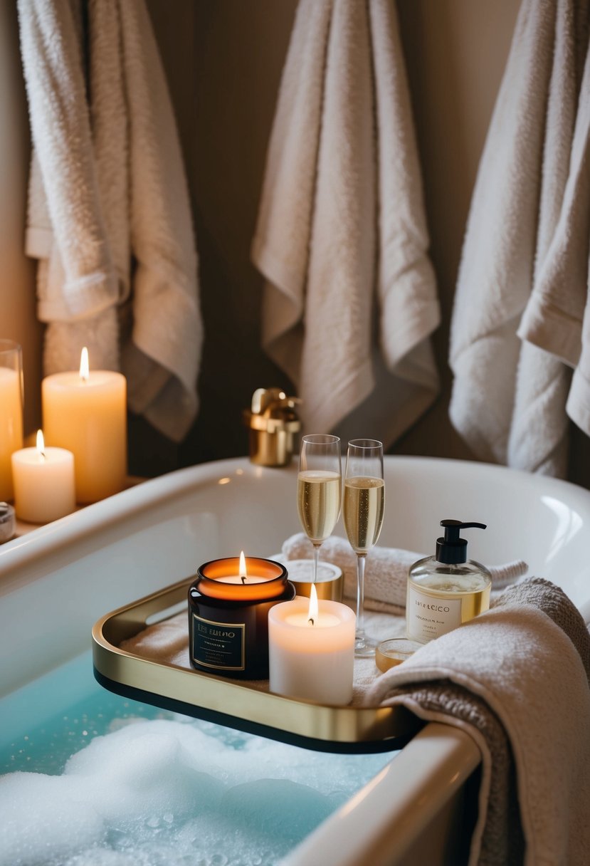 A cozy bathroom with candles, fluffy towels, and a bathtub filled with bubbles. A tray holds skincare products and a glass of champagne