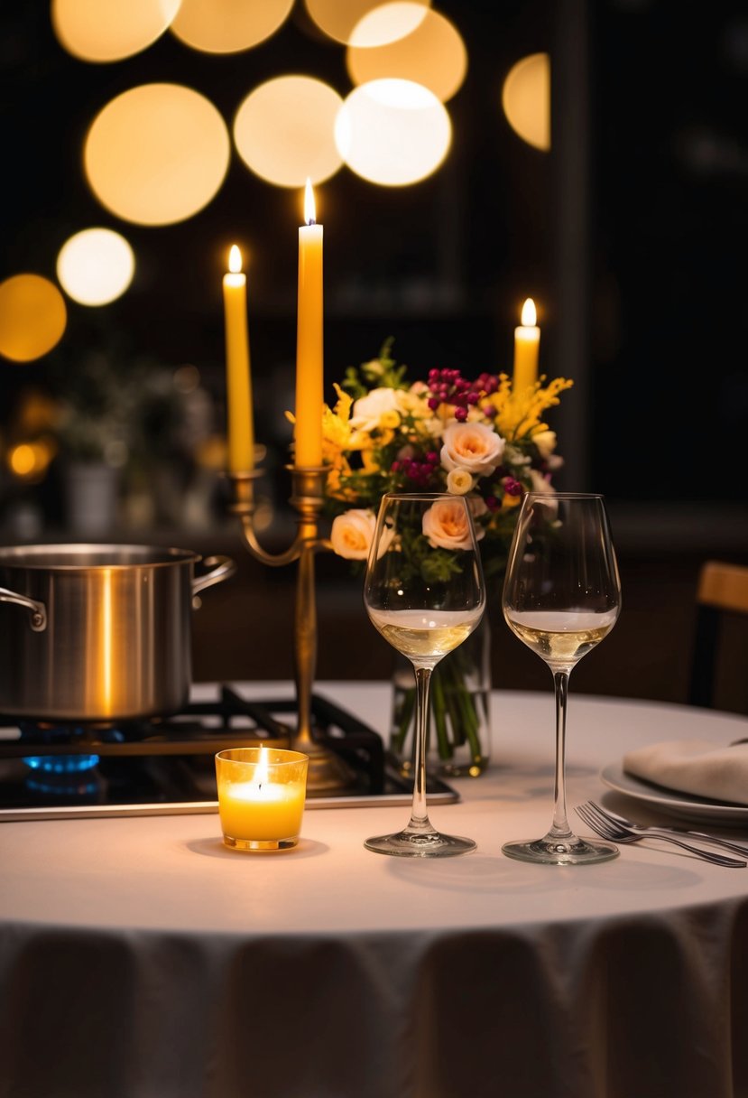 A candlelit table with two wine glasses, a bouquet of flowers, and a pot simmering on the stove