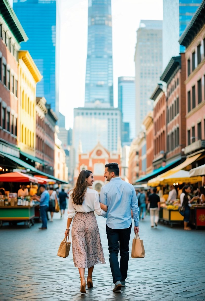 A couple strolling through a bustling city square, surrounded by colorful buildings and street vendors, with a backdrop of towering skyscrapers