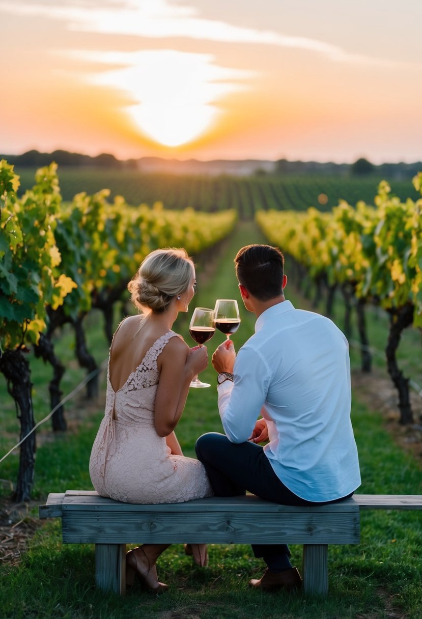 A couple sits at a vineyard, swirling glasses of wine as they overlook rows of grapevines under the setting sun