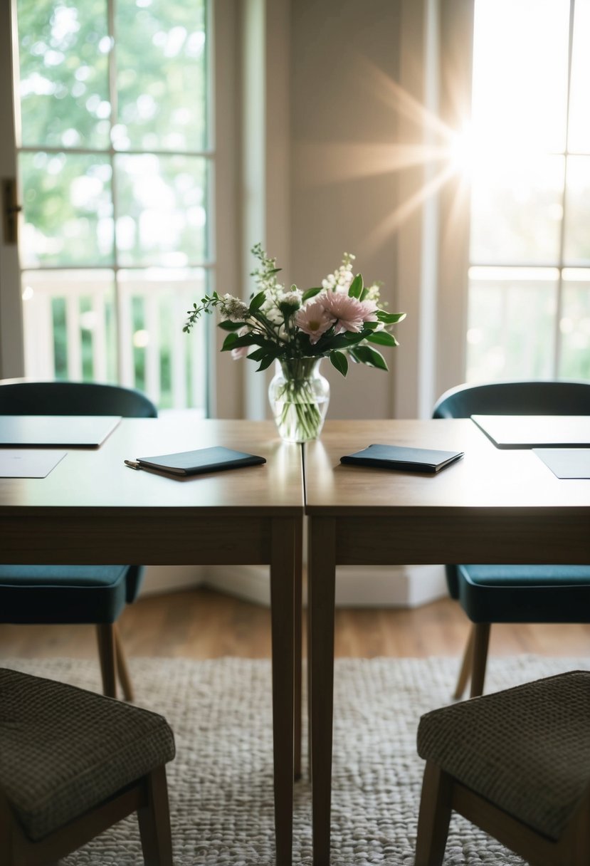 A cozy living room with two desks facing each other, each with a pen and paper. A vase of flowers sits between them, and soft sunlight streams through the window