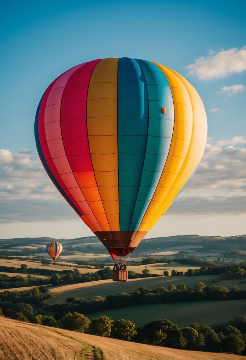 A colorful hot air balloon floats peacefully in the sky, with a couple inside enjoying a romantic ride. The landscape below is filled with rolling hills and picturesque scenery