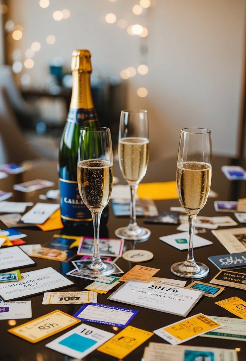 A table scattered with photos, tickets, and mementos from the past 8 years. A champagne bottle and two glasses sit ready for a toast