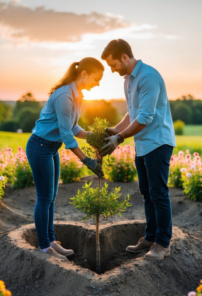 A couple planting a tree together in a heart-shaped hole surrounded by blooming flowers and a beautiful sunset in the background