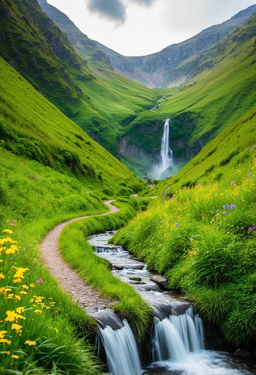 A winding trail through lush, green mountains with a cascading waterfall and colorful wildflowers