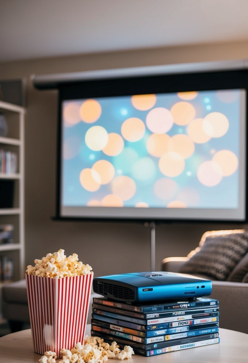 A cozy living room with a projector screen, popcorn, and a stack of DVDs