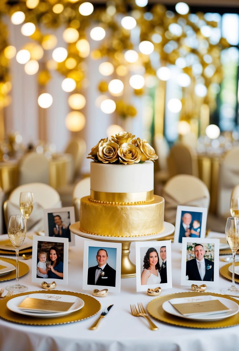 A table set with golden decorations, surrounded by family photos and a cake adorned with golden roses